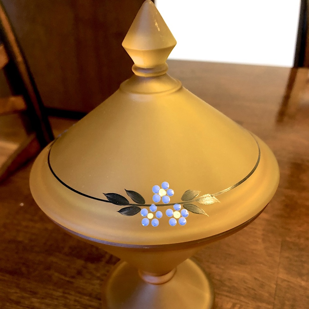 Vintage Amver Satin Glass Handpainted Compote Pedestal Dish